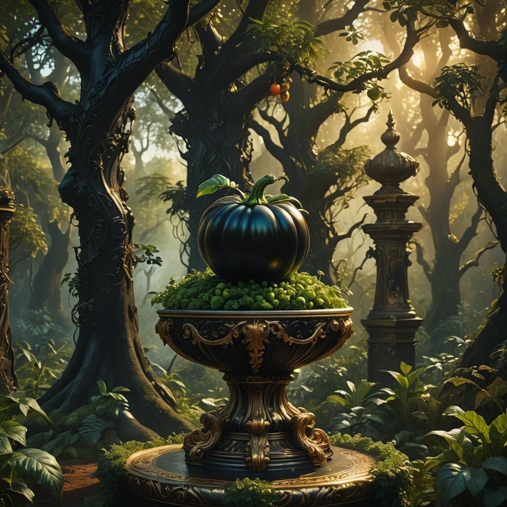 Majestic Black Tomato in Mystical Forest