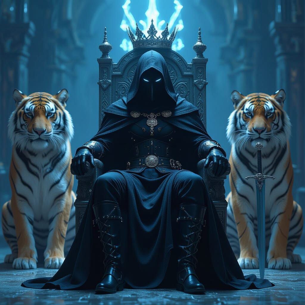 Mysterious Hooded Figure on Ornate Throne with Tigers