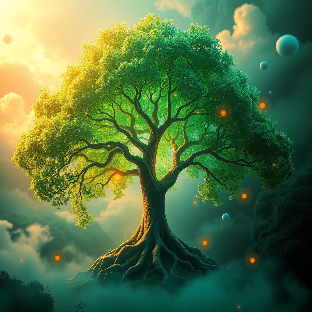 Emerald Tree in Ethereal Landscape