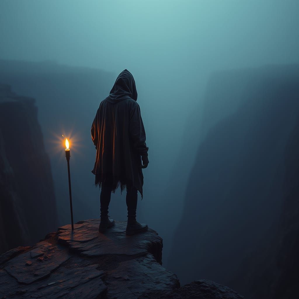 A lone figure stands at the edge of a desolate, endless chas...