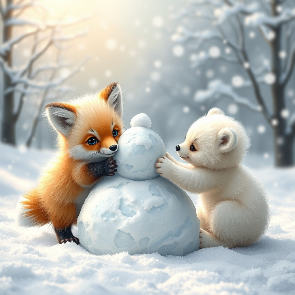 Adorable Baby Fox and Polar Bear Build Snowman