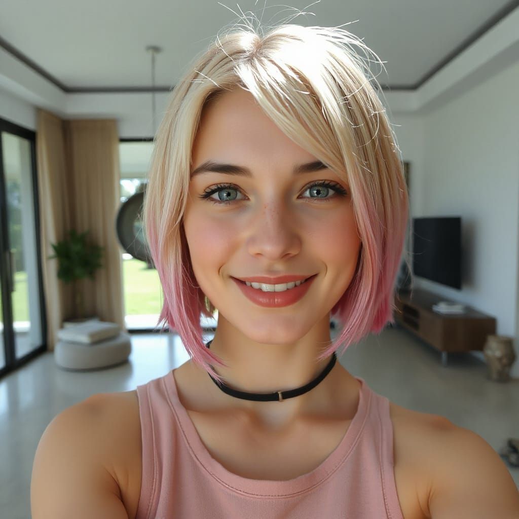 Young Woman with Pink Hair Tips: Realistic Photo