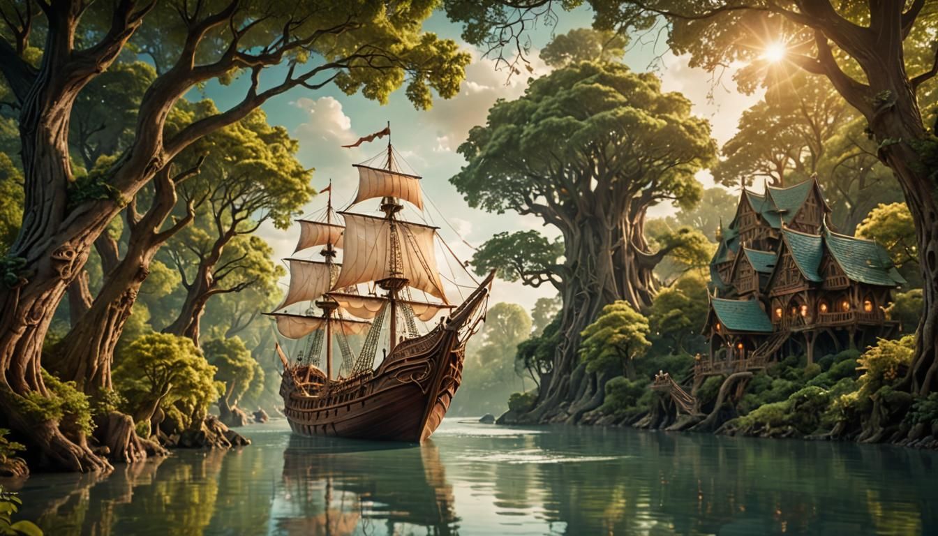 Majestic Elven Ship Glides Down Serene River
