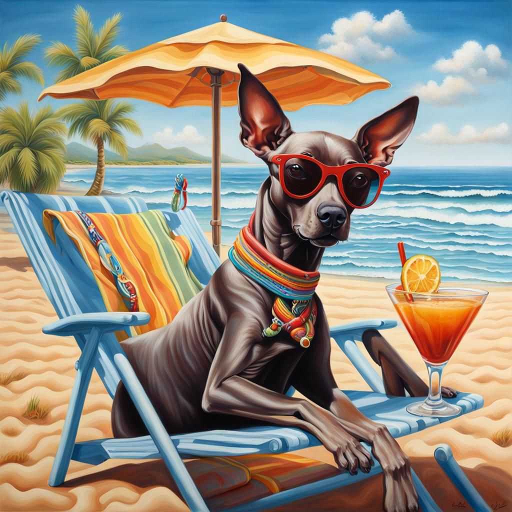 Relaxed Xoloitzcuintli Dog Enjoying Beach in Airbrush Art