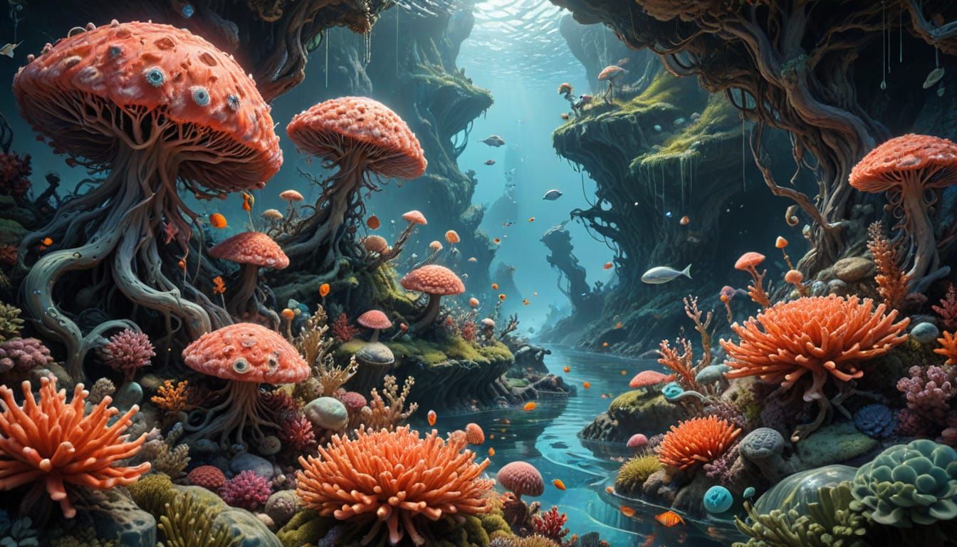 Mathematical Surrealism: Vibrant Coral Reef Inside Marble wi...