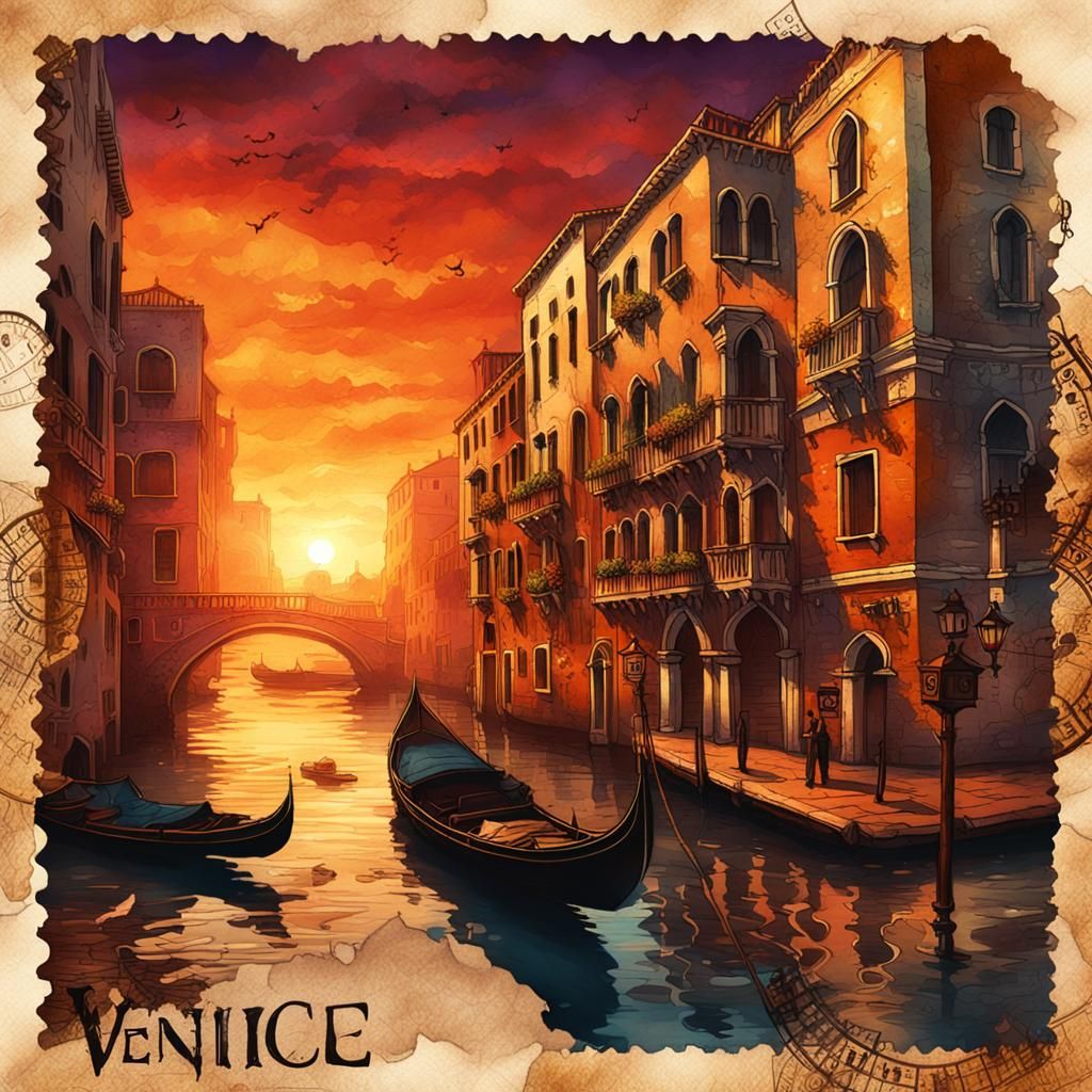 Venice Sunset Postcard in Steampunk Ink Painting Style