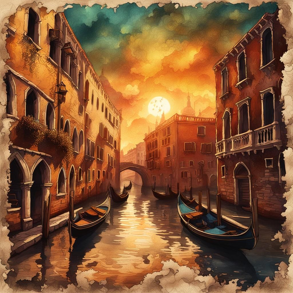 Venice Sunset Postcard in Steampunk Ink Art