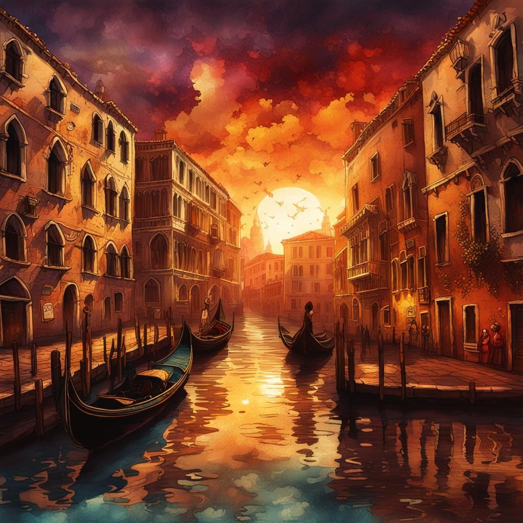 Venice Sunset Postcard in Steampunk Ink Style