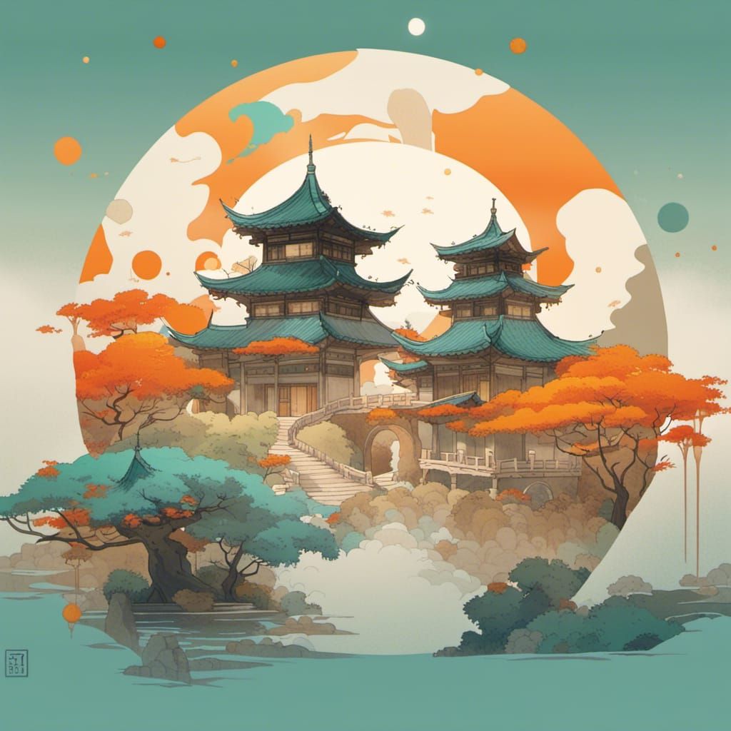 Oriental Village in Surrealist Fantasy Landscape