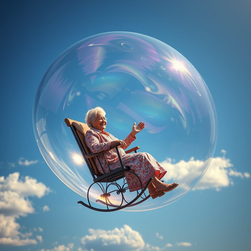 Grandma in Iridescent Bubble Floating in Blue Sky