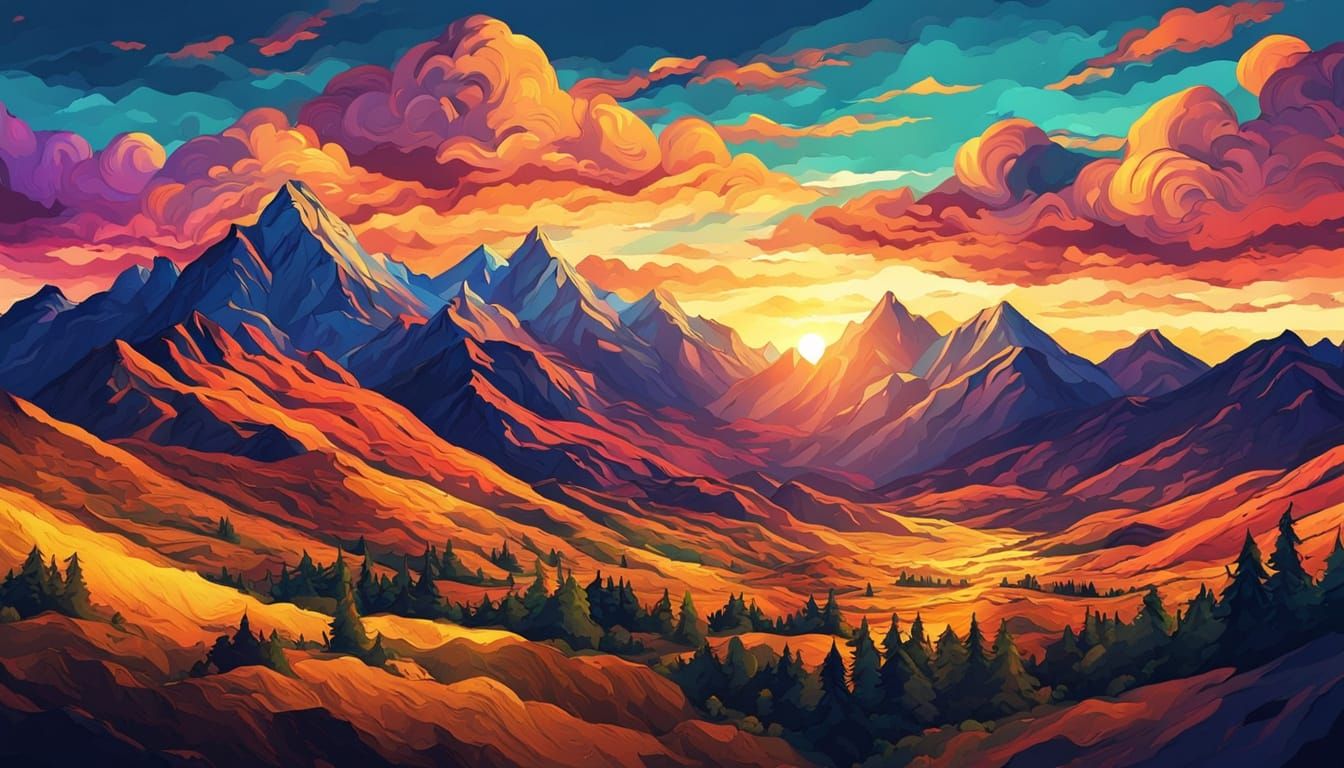 Majestic Mountain Range at Sunset in Impasto Style