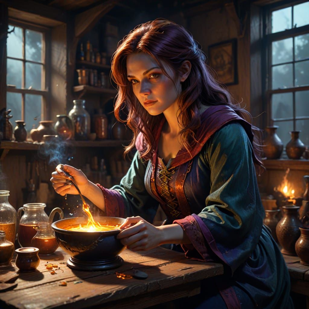 Witch Brewing Glowing Potion in Ramshackle House
