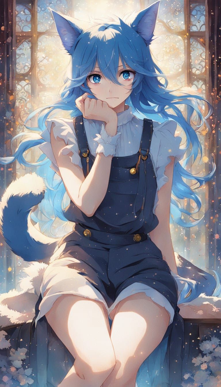 Anime Girl with Blue Hair and Cat Ears Poses Serenely in Clo...