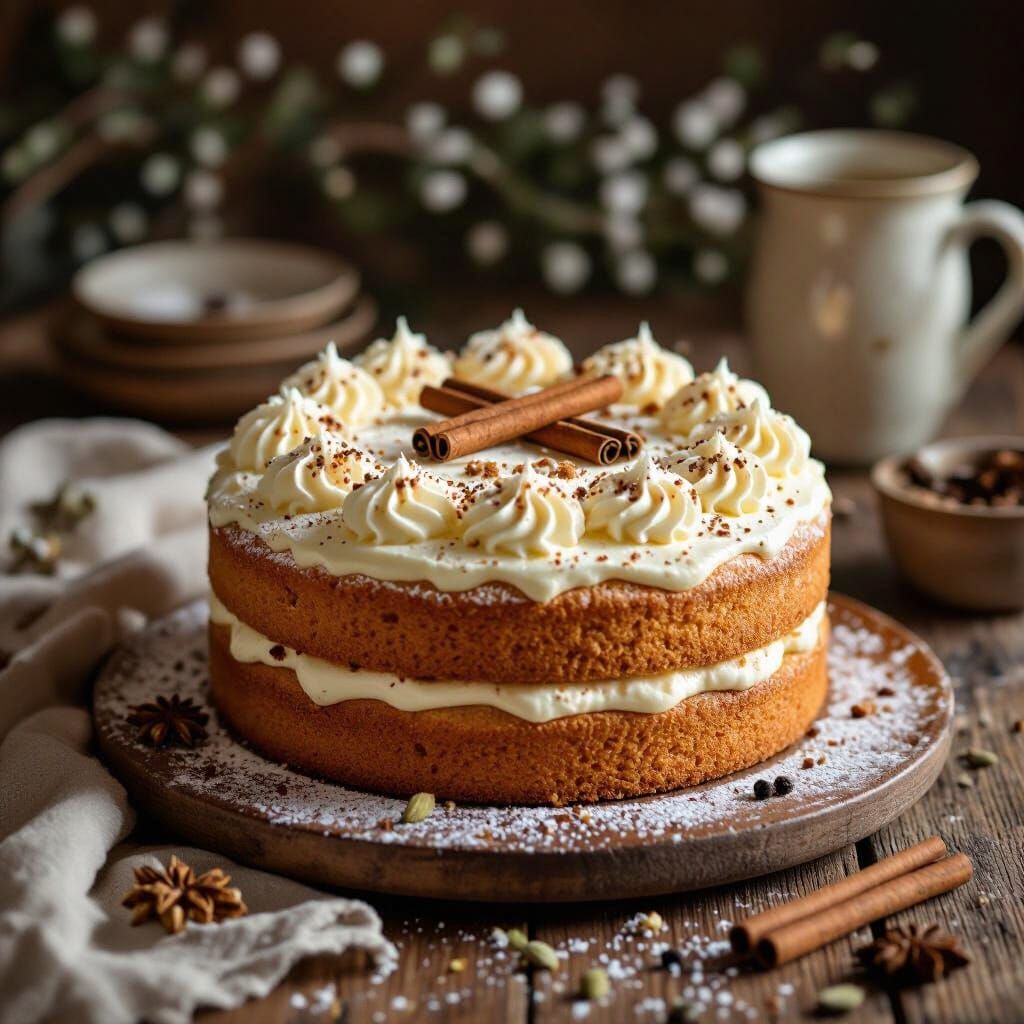 Golden Sponge Cake Still Life in Watercolor Style