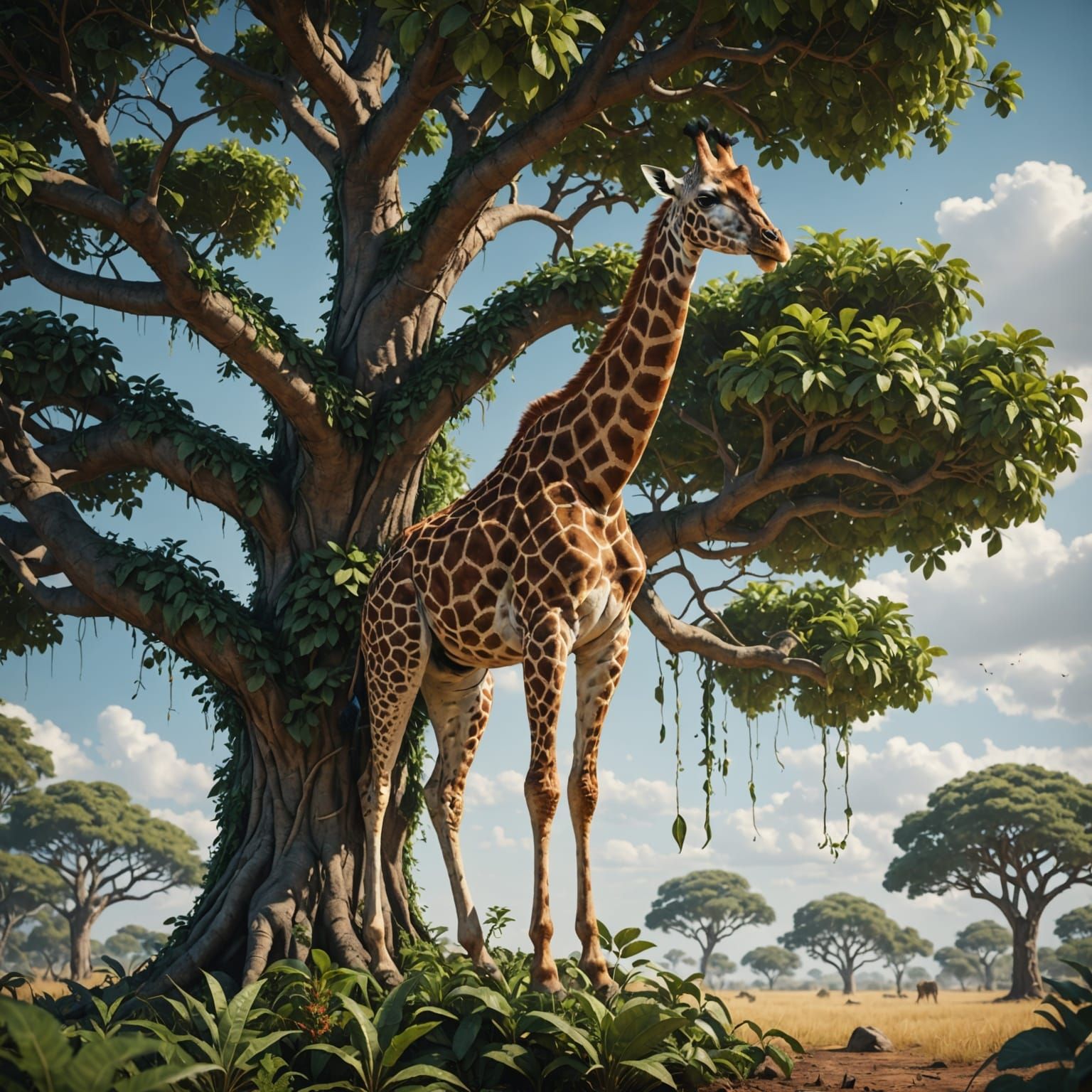 Giraffe Reaching for Tree: Detailed Fantasy Art