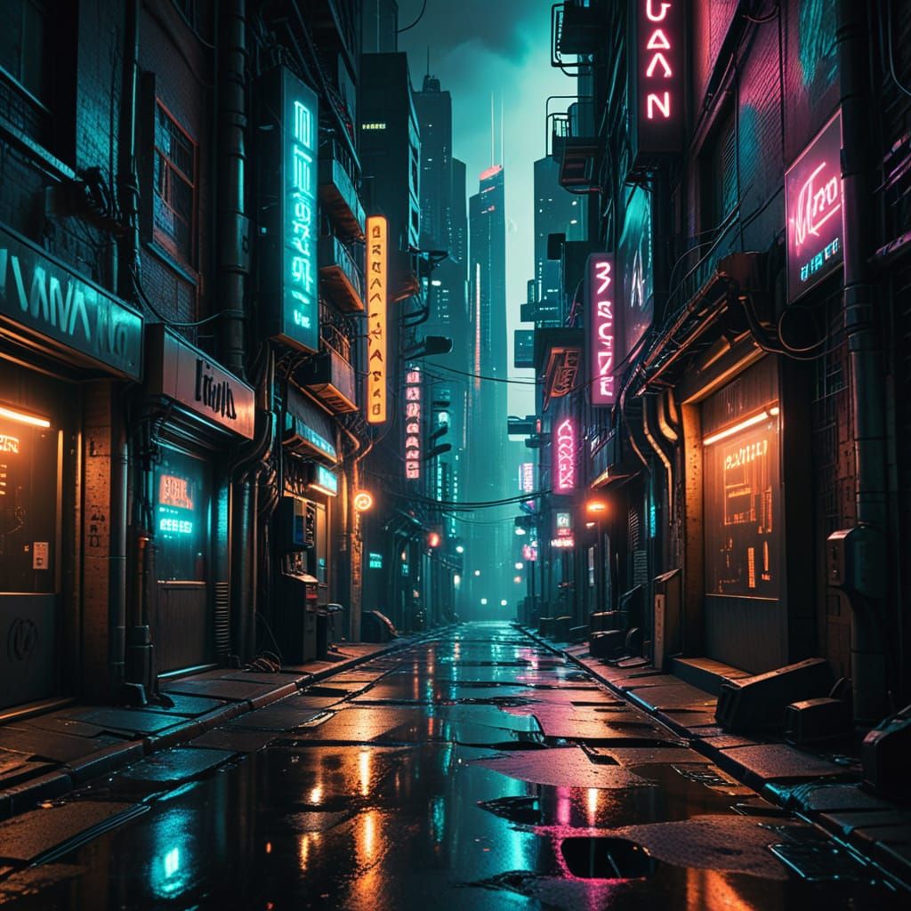 Cyberpunk Alleyway Scene with Megacorporation