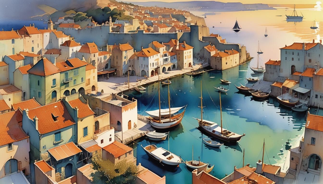 Whimsical Fantasy Harbour in Watercolour Style