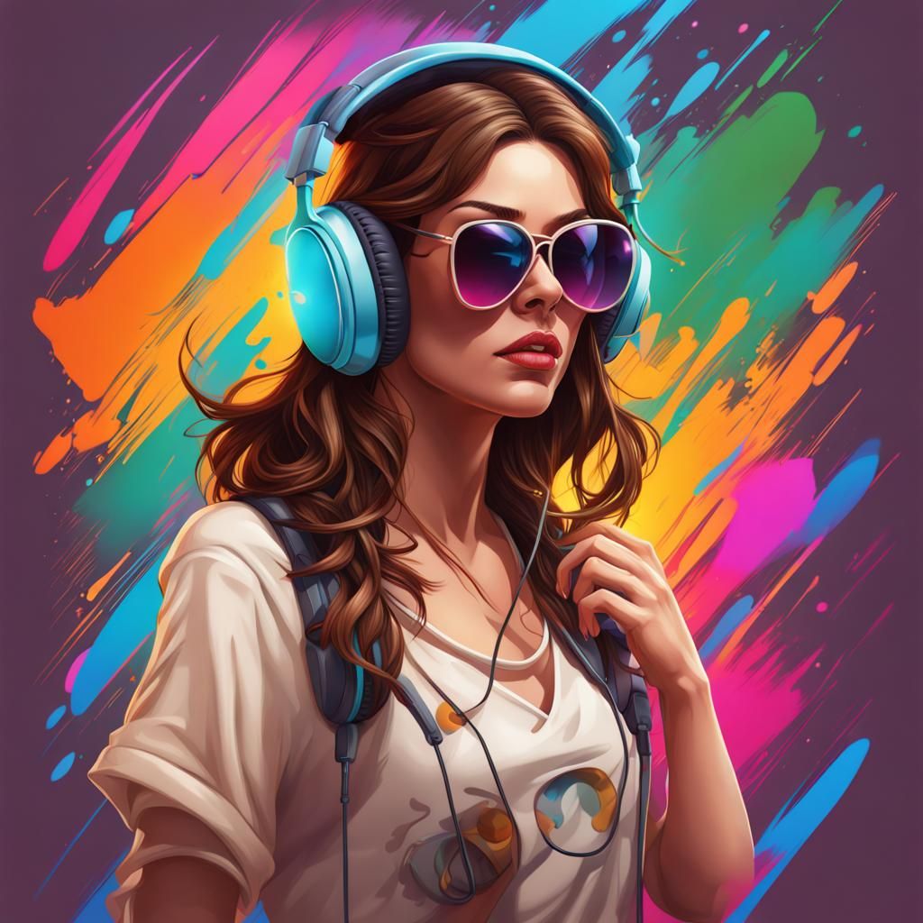 Gaming Woman with Retro Sunglasses: Hyperrealistic Splash Ar...