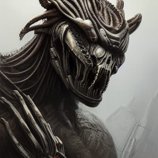 a h.r giger portrait of predator crossed with a bear with br...