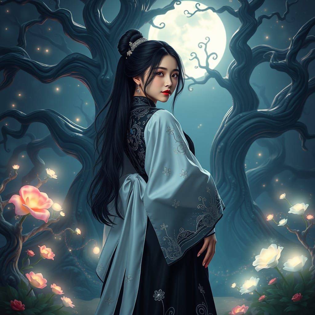 Rose in Mystical, Moonlit Garden, as High-Fidelity Digital A...