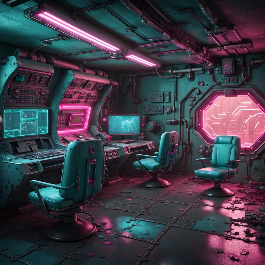 Abandoned Futuristic Bunker in Teal and Pink Lighting