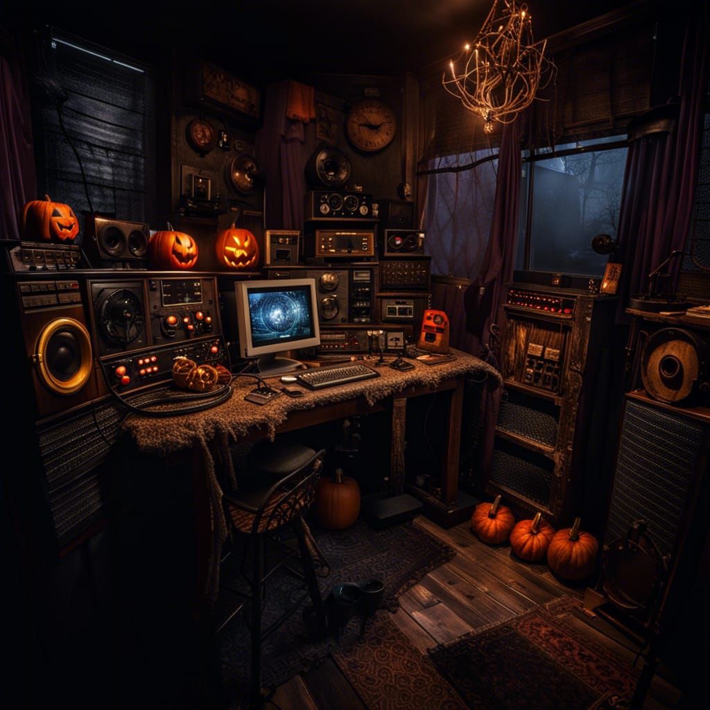 Hyperrealistic Halloween Radio Studio Broadcasting Live