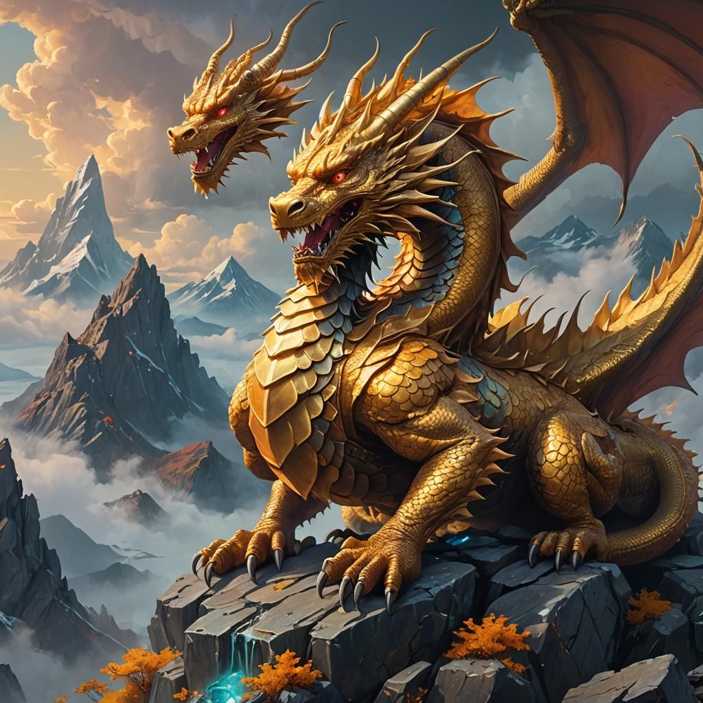 Golden Dragon on Treasure Mountain: Fantasy Art