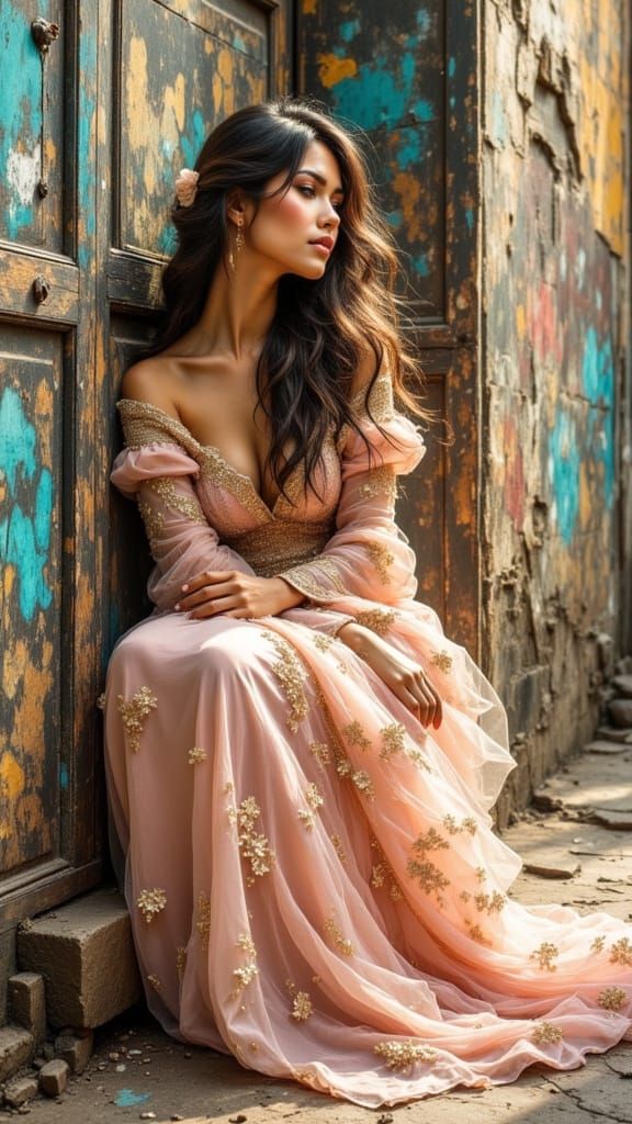 Woman in Gown Beside Graffiti Art