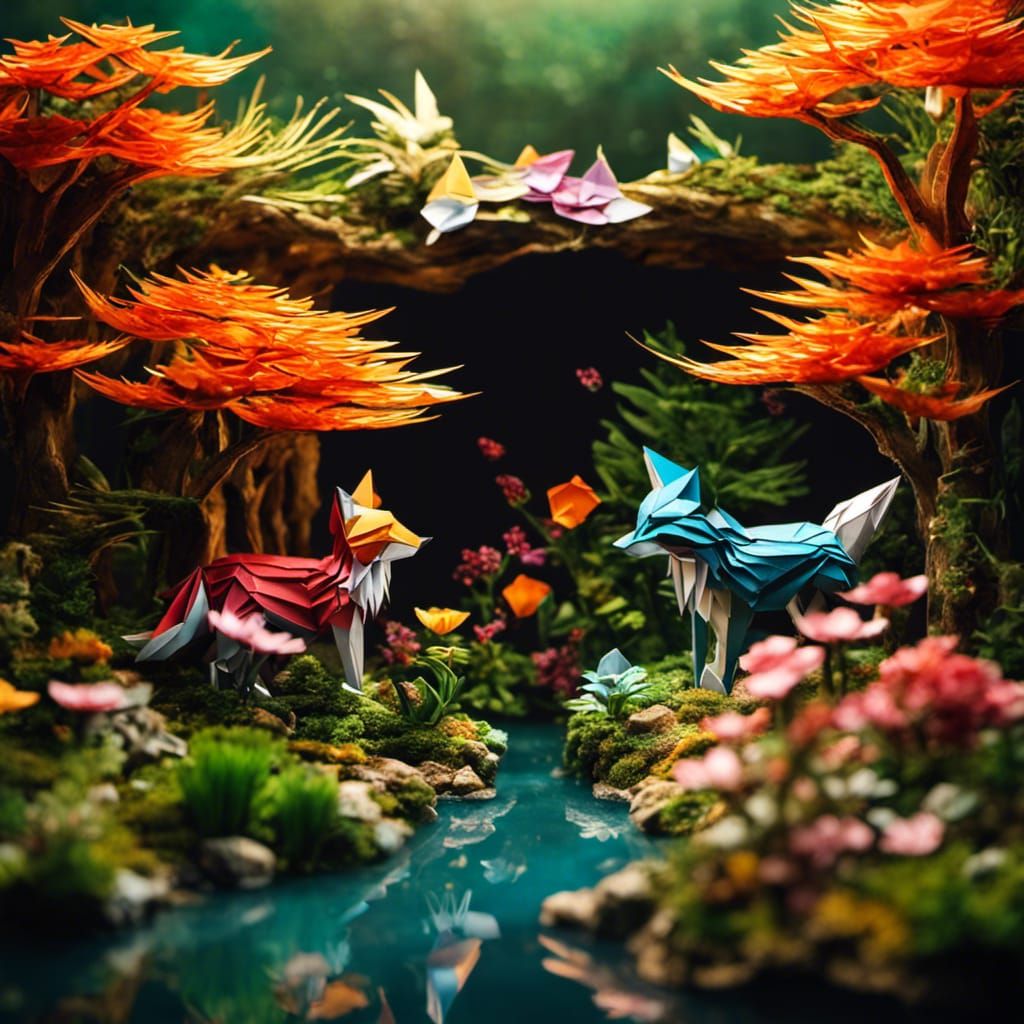 Origami scene in the clearing.