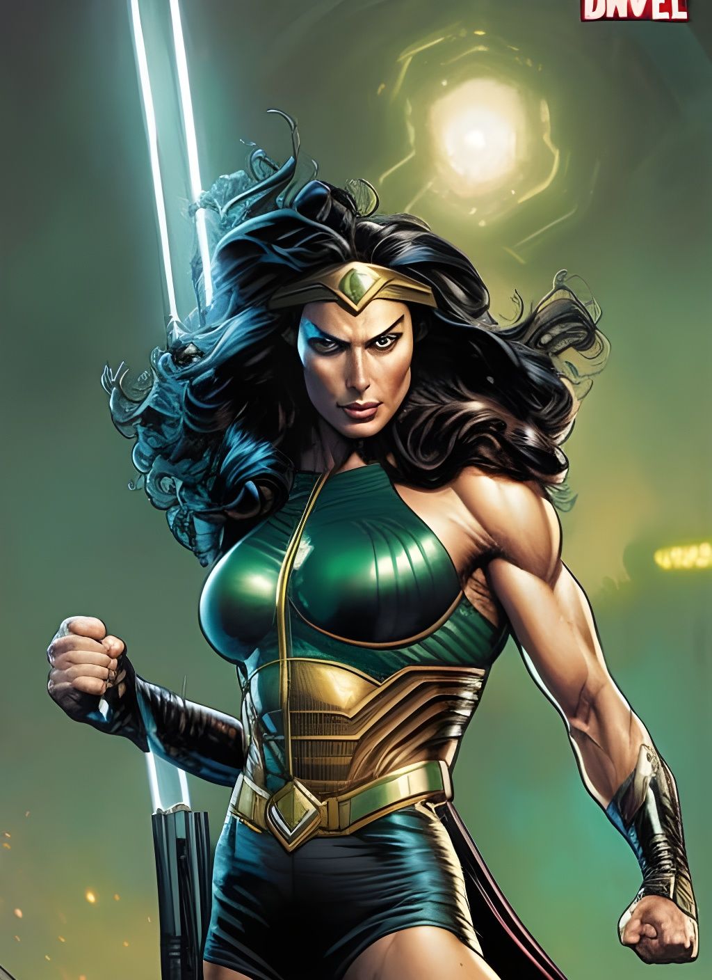 Muscular She-Hulk Caricature in Crayon Style