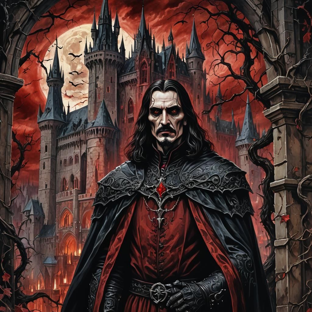 Gothic Horror: Dracula's Castle in a Dark Medieval Painting