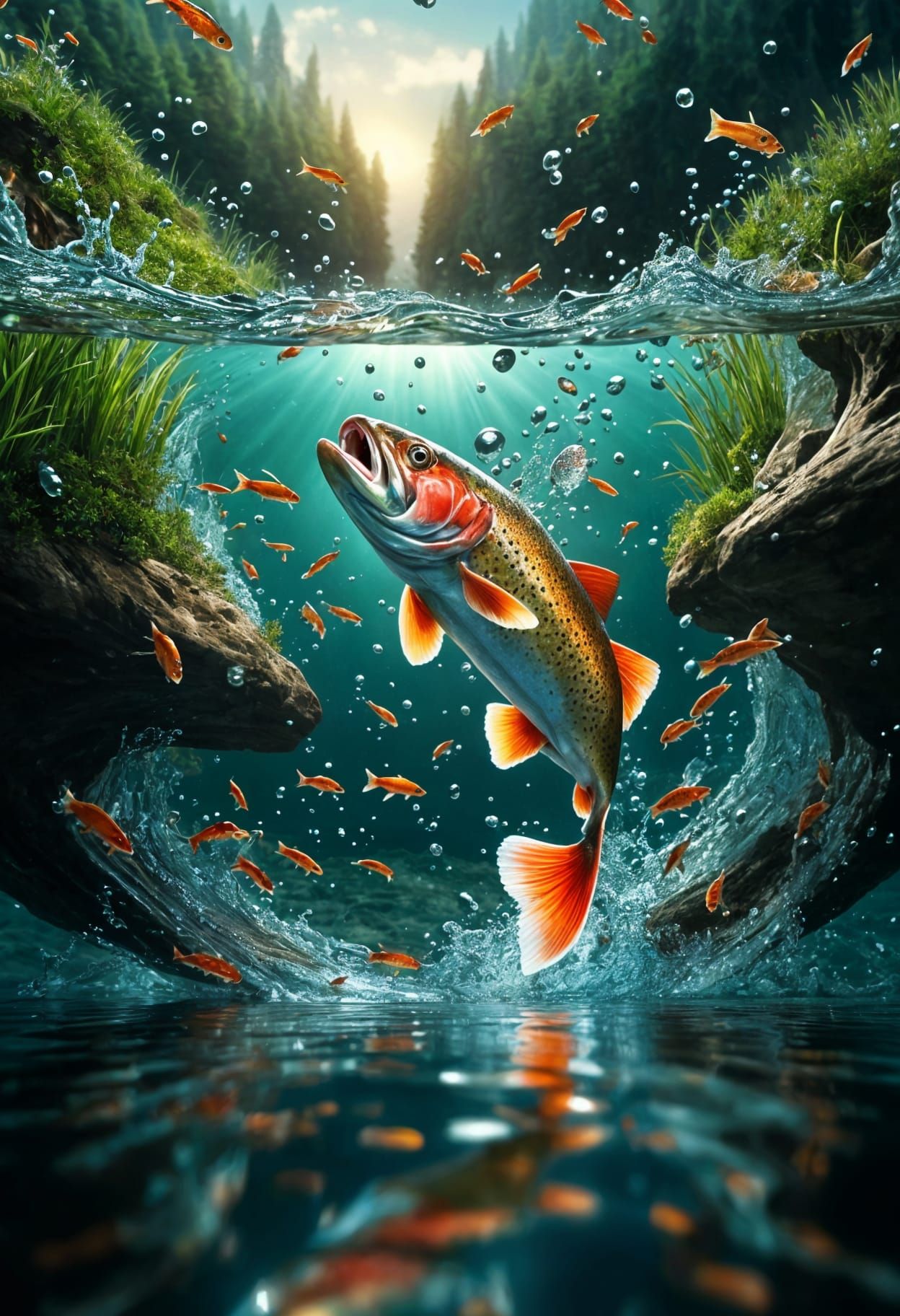 Trout Leaping From Stream: Surrealcore Digital Painting