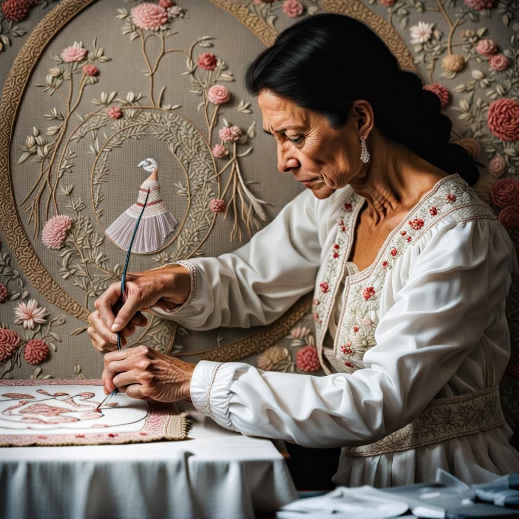 Woman Embroidering a Picture of Woman Embroidering