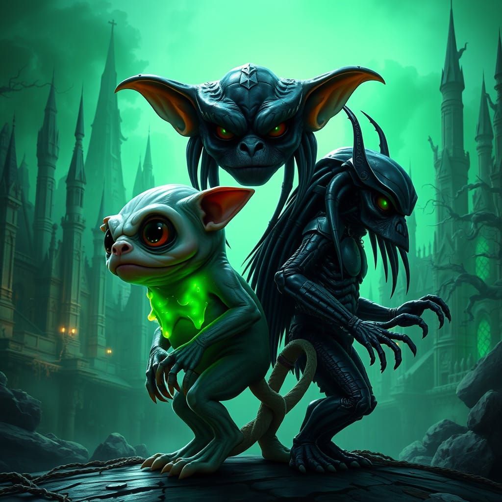 Dark Fantasy Mogwai Ectoplasmic Creature Battles Metallic Gr...