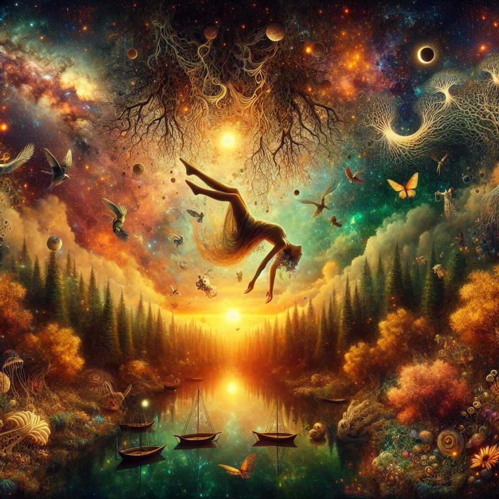 Whimsical Cosmic Dreamscape in Ethereal Forest