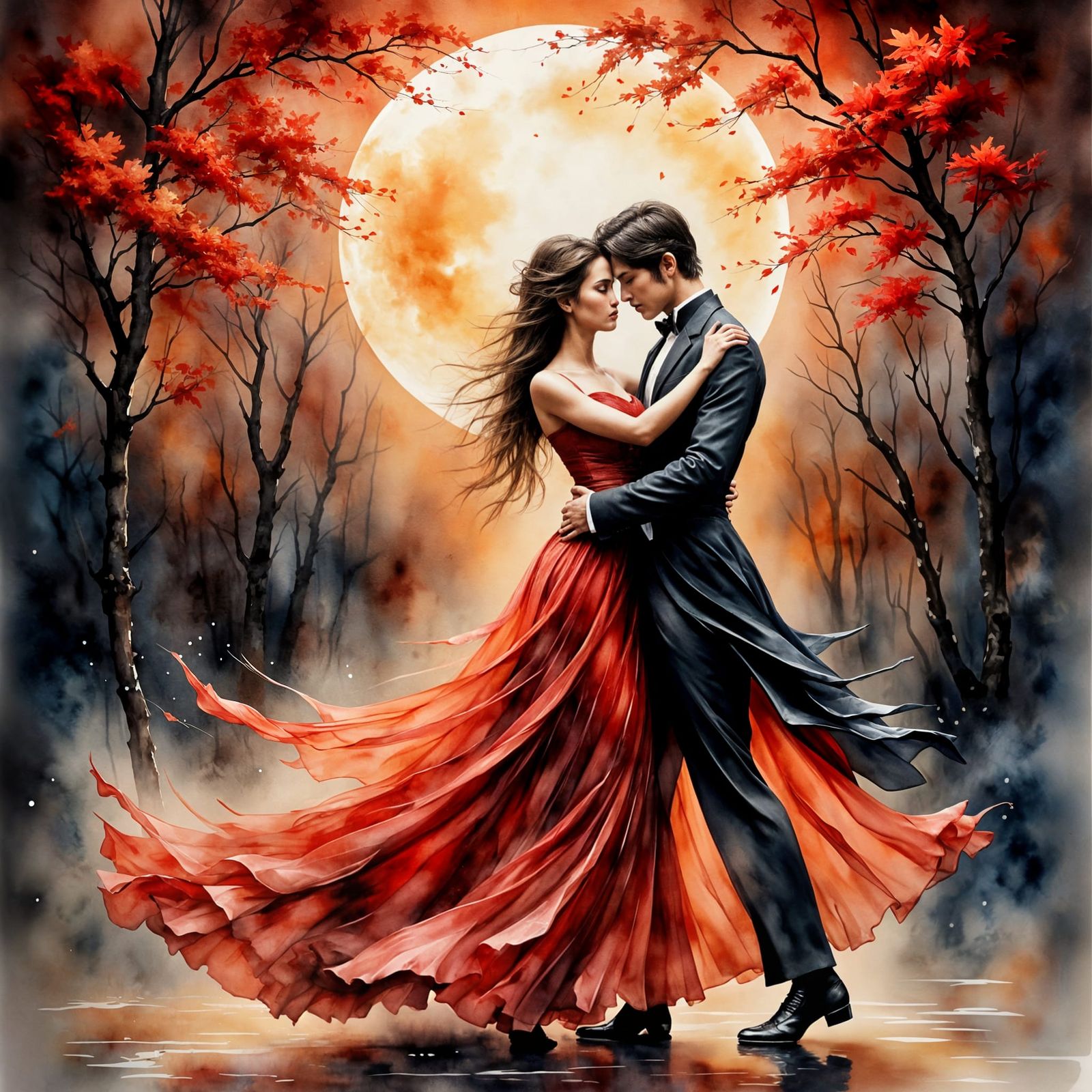 Romantic Tango Couple Under Luminous Full Moon