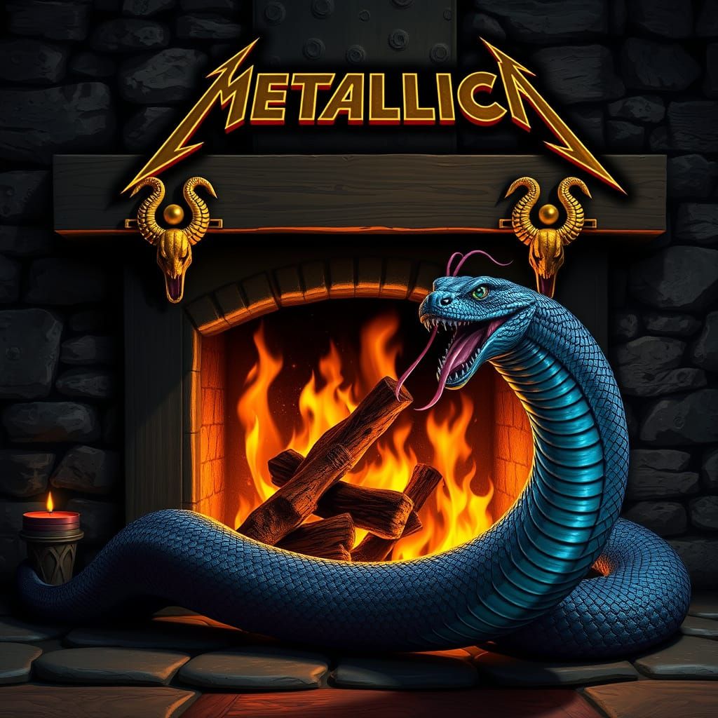 Golden Snakes Decorate Rustic Fireplace in Dark, Dramatic St...