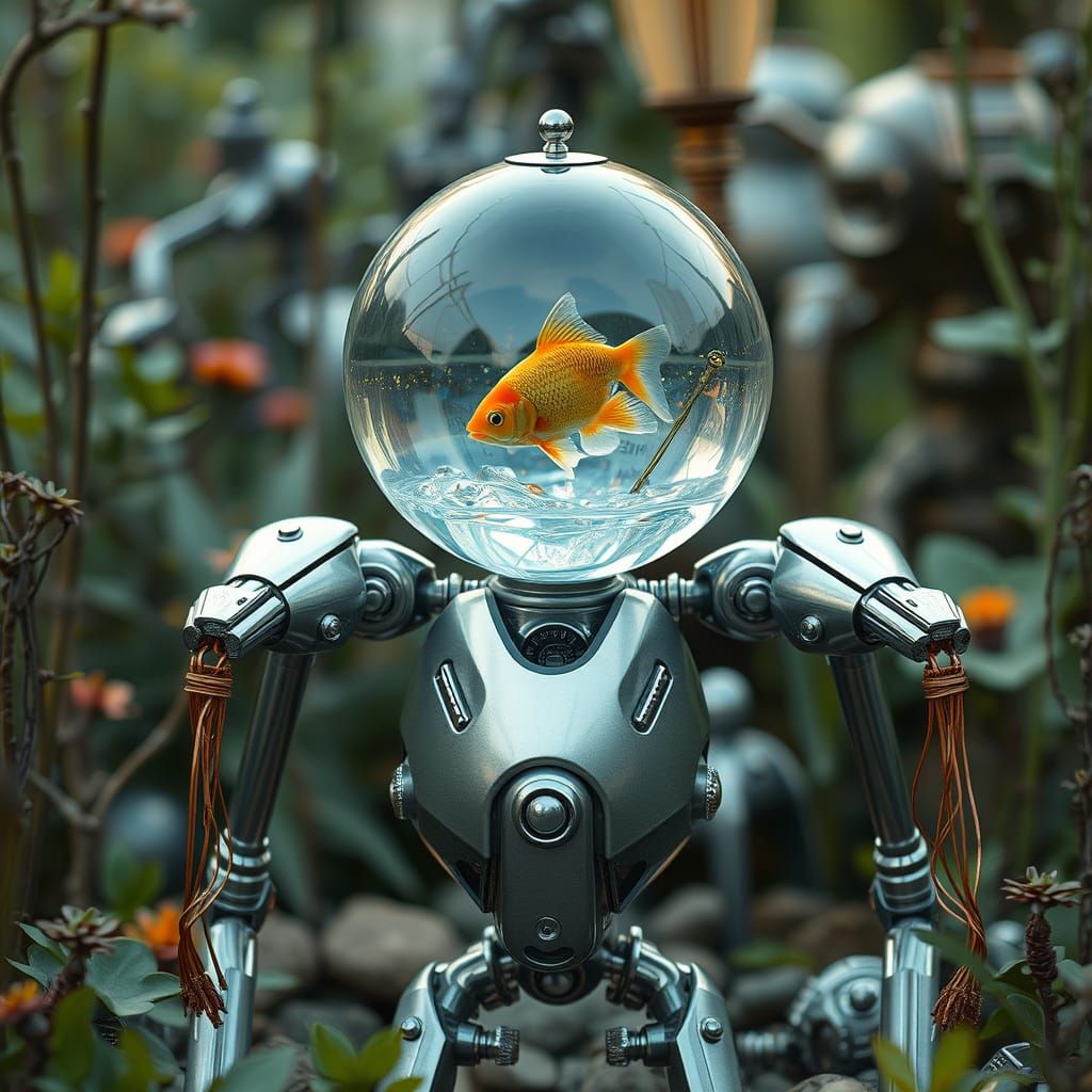 Robot with Aquatic World Head, Retro-Futuristic Style