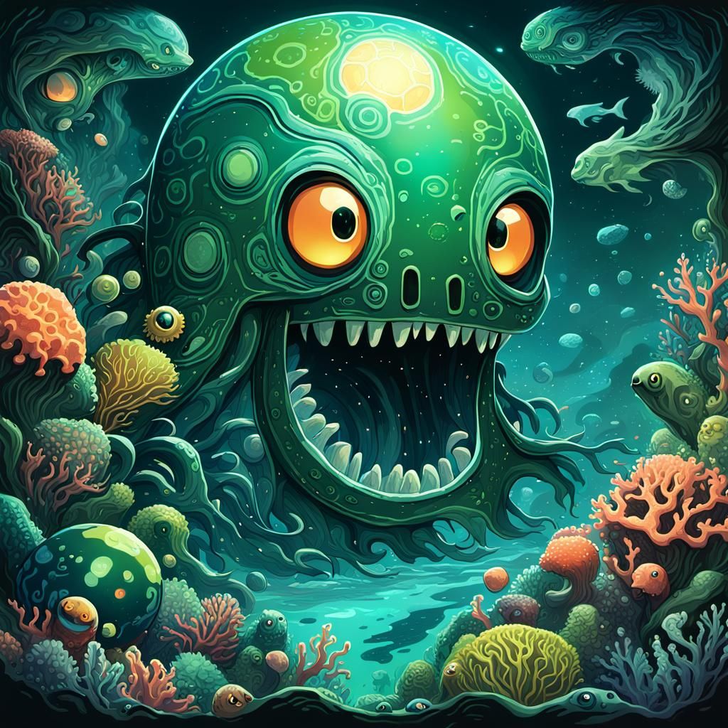 Pac-Man Devouring Coral Reef in Dark Fantasy Style