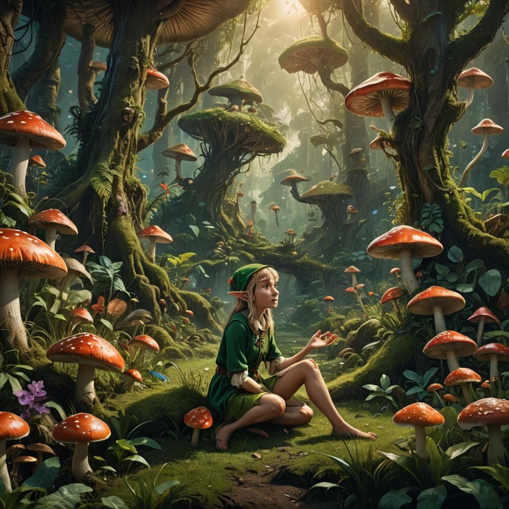 Elf and Mushroom in Dreamlike Jungle Landscape