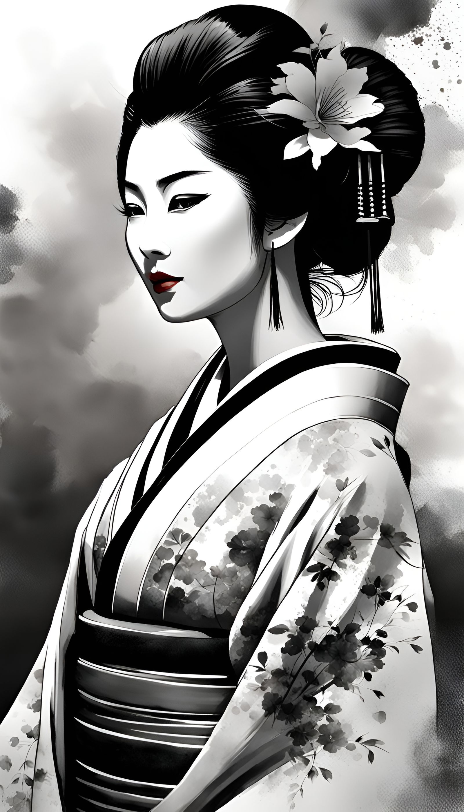 Geisha Portrait in Sumi-e Ink Style
