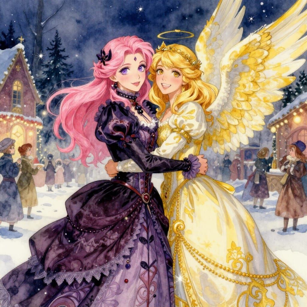 Gothic Woman Hugs Angel at Winter Festival