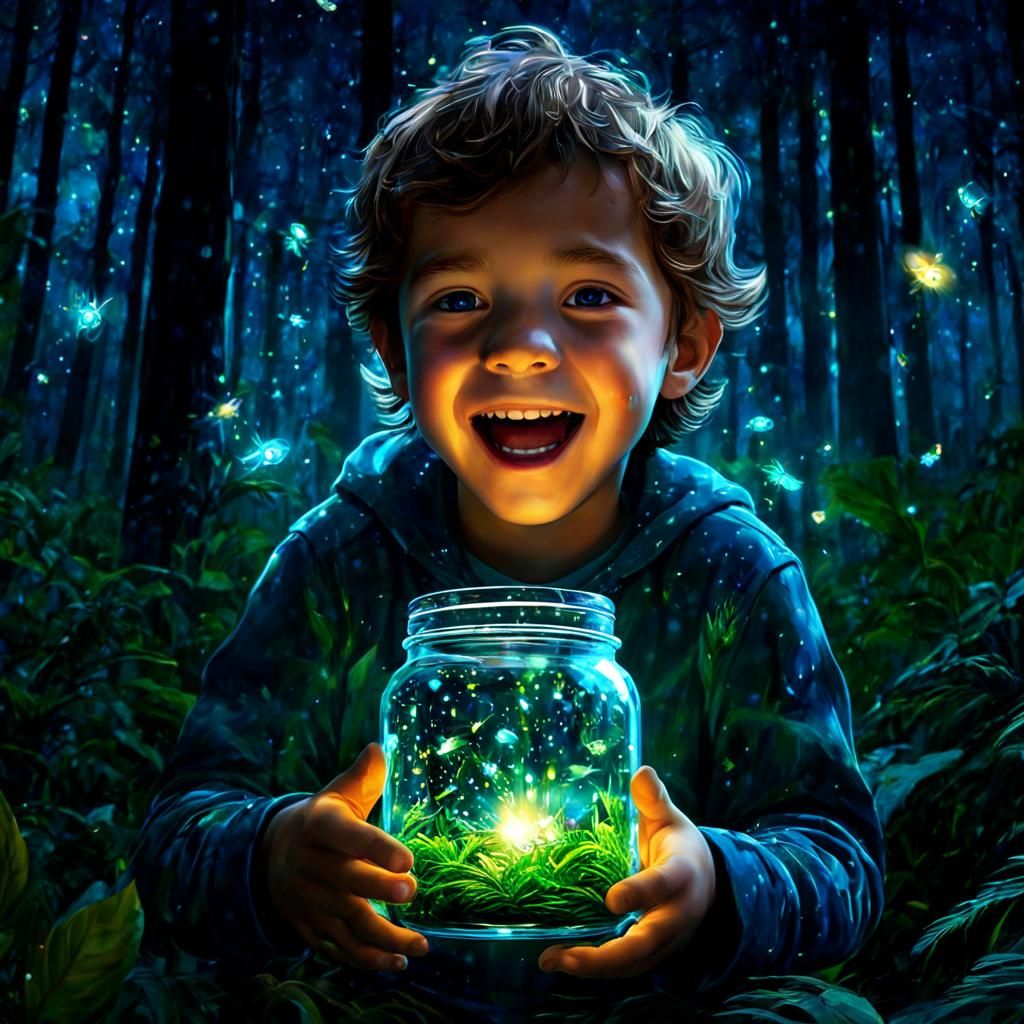 Child Chasing Fireflies in Astral Forest Illustration