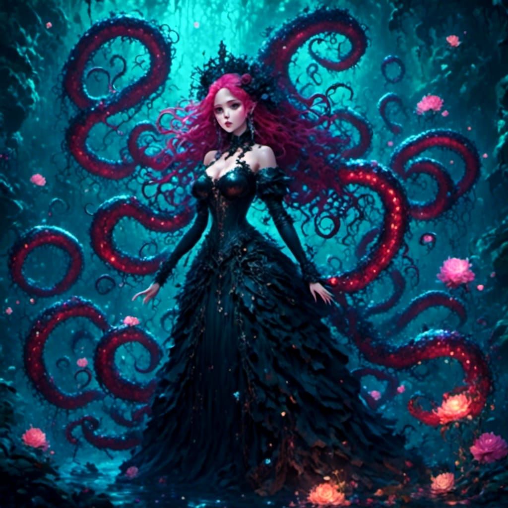 Eldritch Tentacles Capture Gothic Sorceress in Anime Art