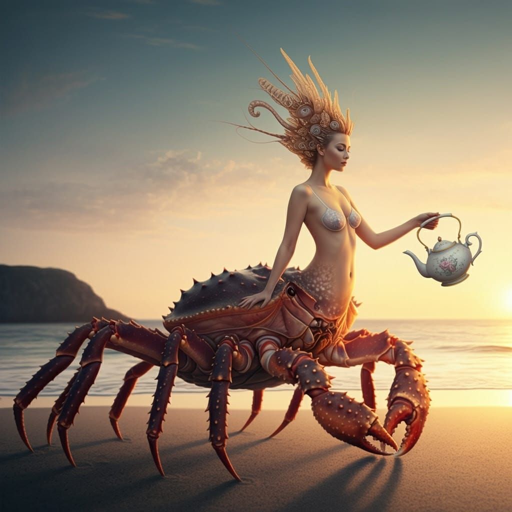 Crab-Woman Hybrid on a Beach as Digital Art