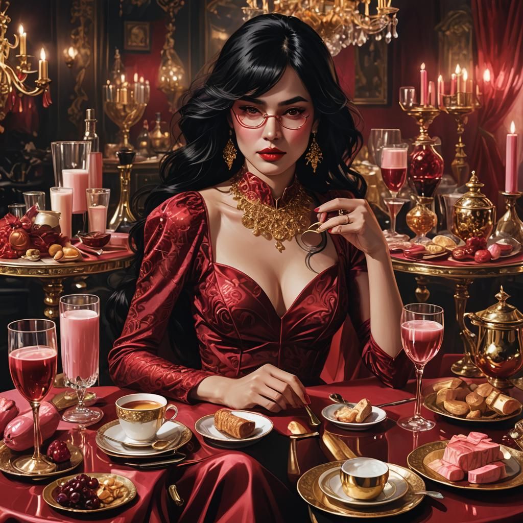 Luxury Woman in Red Dress with Champagne