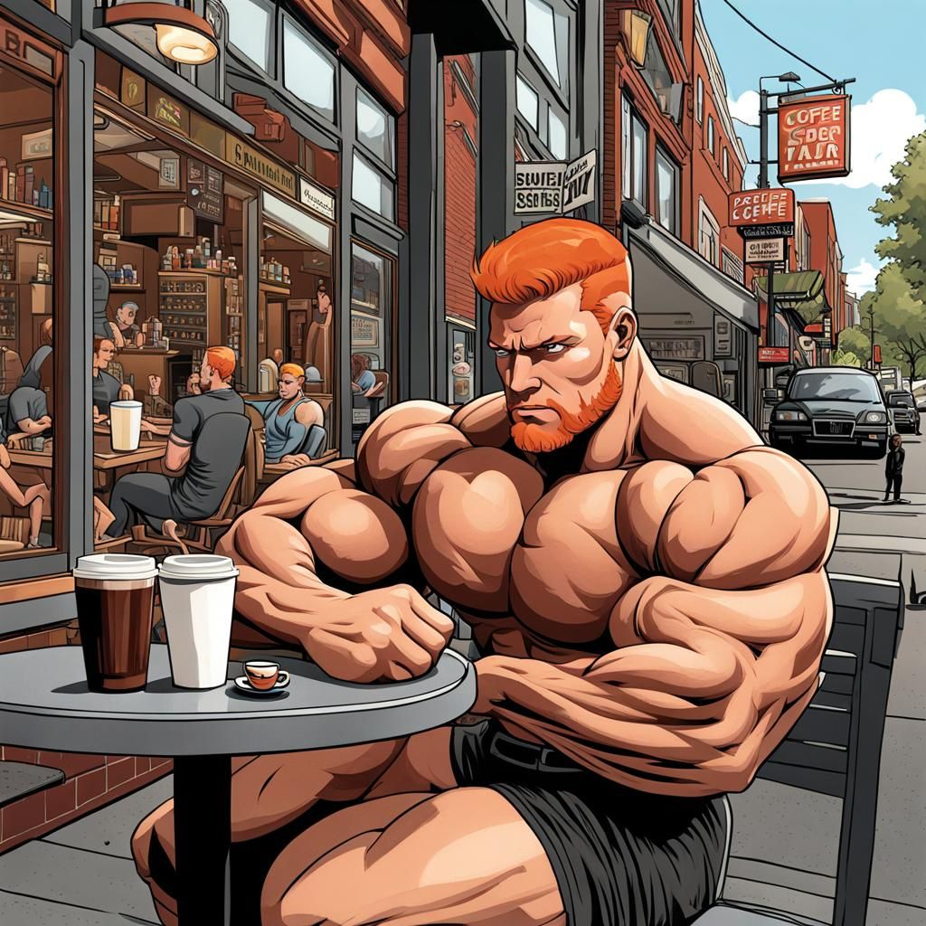 Bara-Style Bodybuilder Relaxing in Portland Cafe
