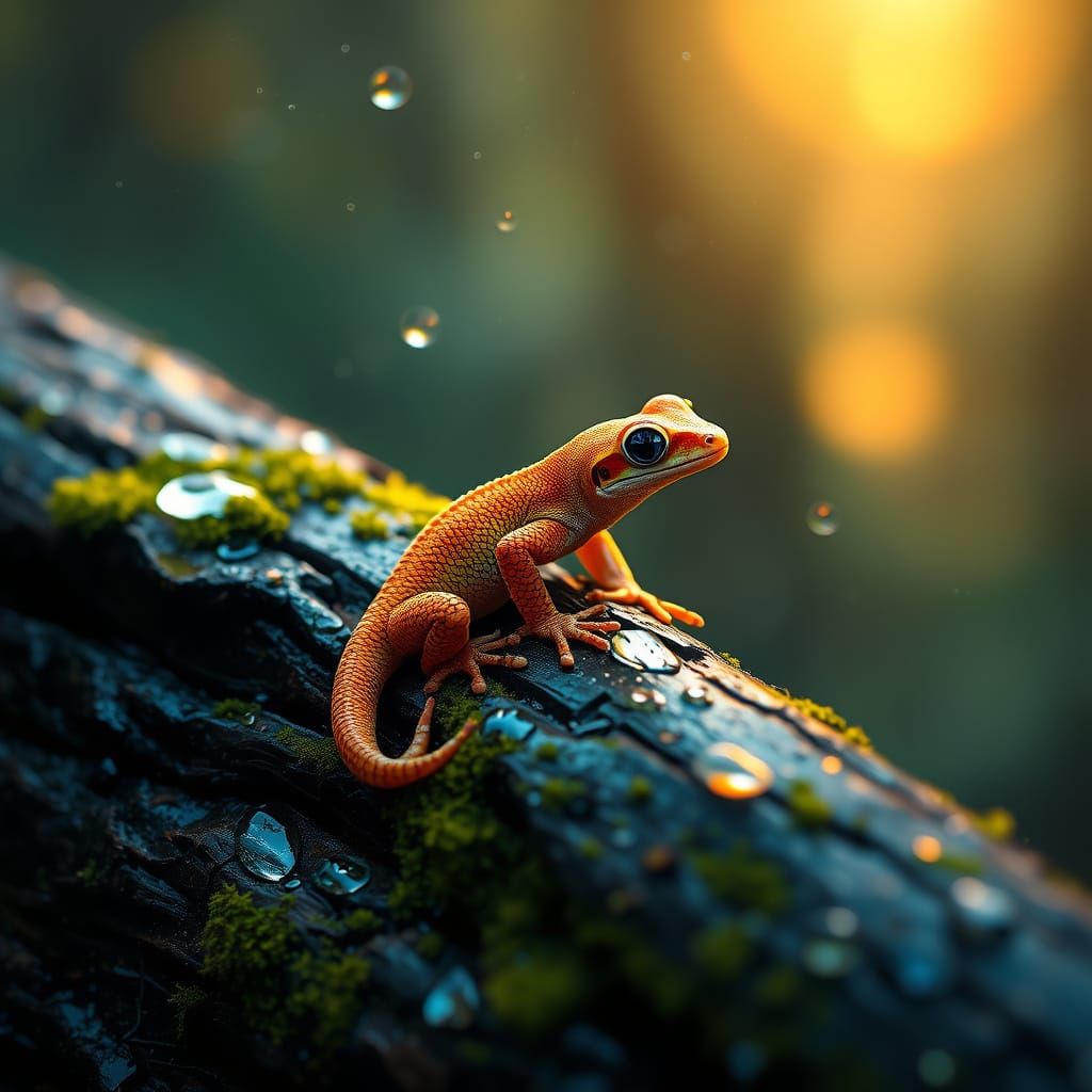 Vibrant Gecko Perched on Rainy Log in Art Nouveau Style