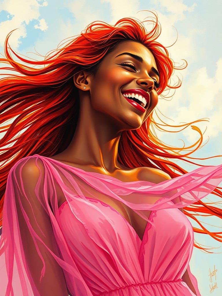 Black Woman Laughing Under Russian Summer Sky in Klimt Style