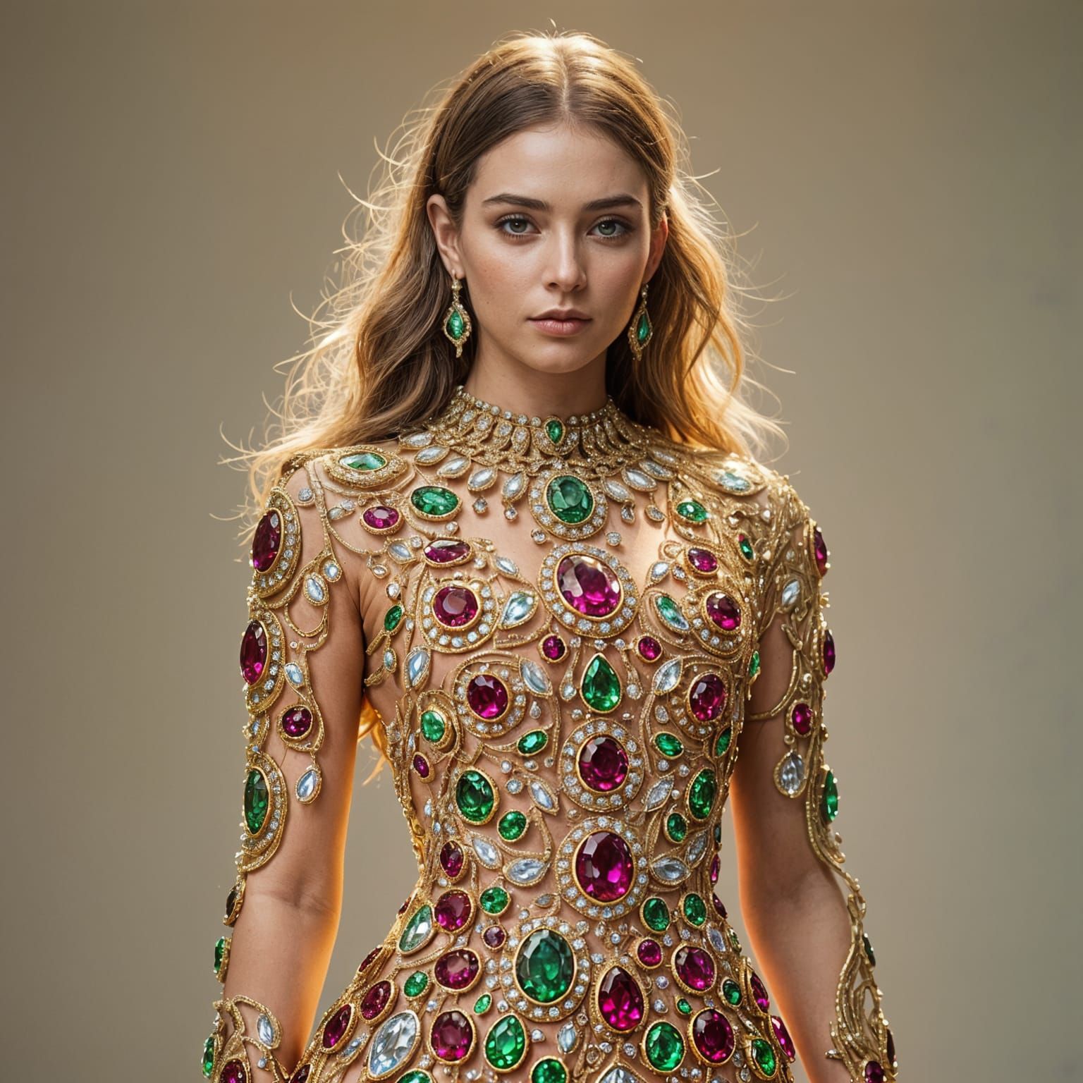 Jewel-Adorned Woman in Radiating Dress